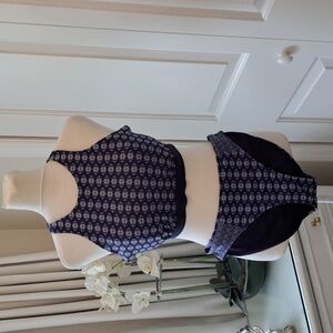 Athleta Womens Tangier‎ High Neck Bikini Set Navy/White Print 34D/DD-MED